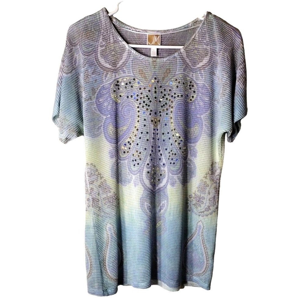JM Collection Womens Top Small Waffle Sequins Short Sleeve